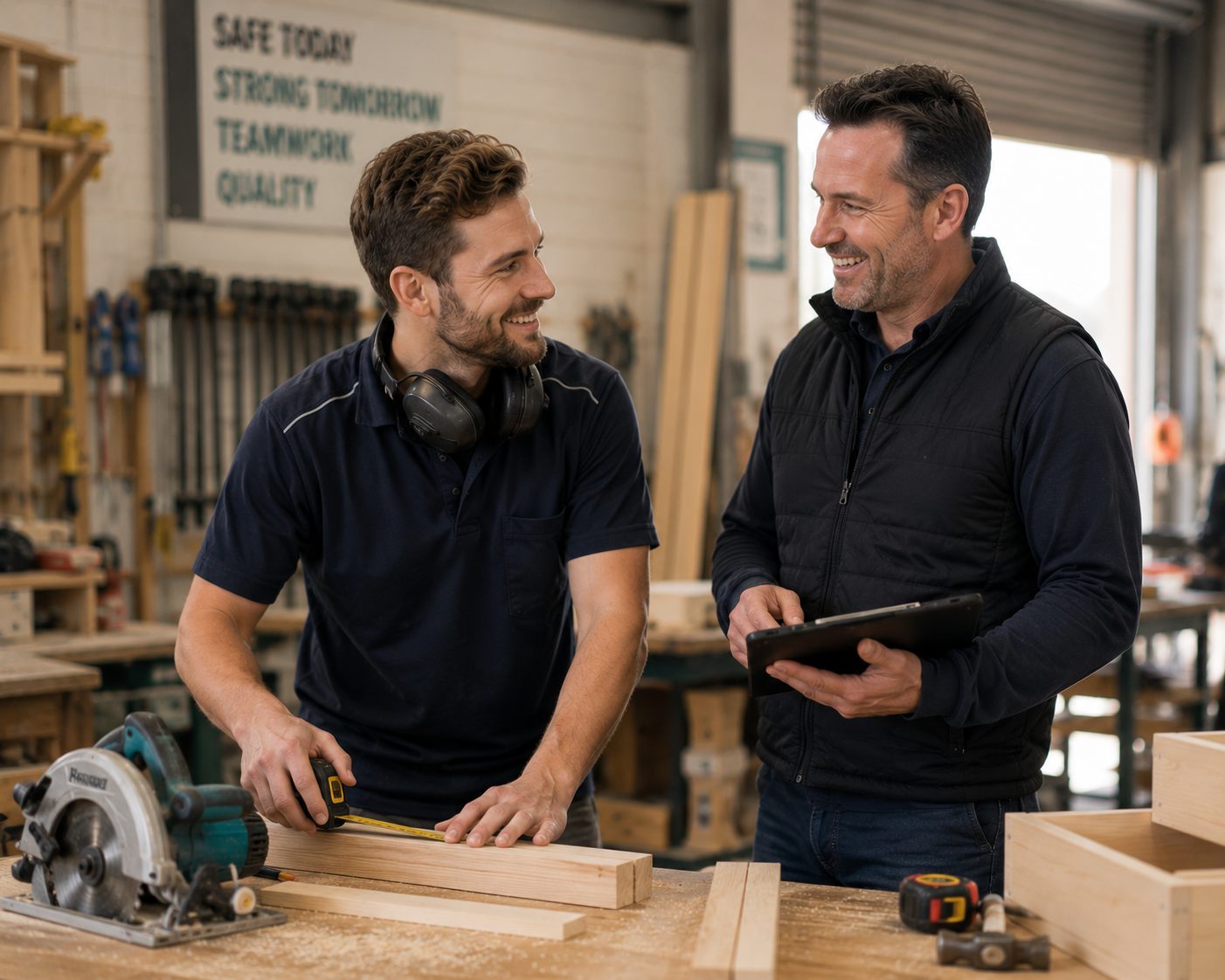 A supervisor and an injured worker talking through duties together at the workplace