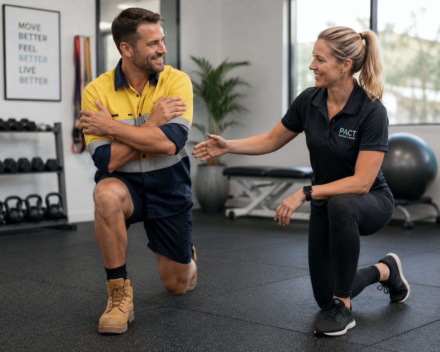 A PACT physiotherapist guiding an injured worker through a functional capacity assessment