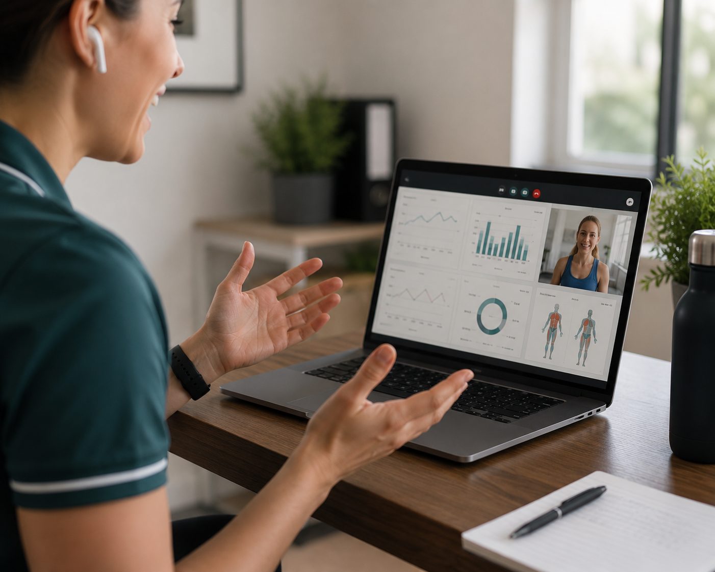 A PACT clinician reviewing a worker's recovery data on a laptop, software not hardware