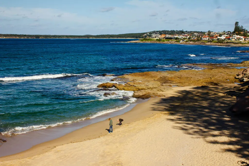 People walking on the beach at Cronulla, with the rock platform and headland behind
