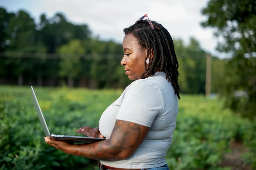 A woman using a laptop outdoors among crops