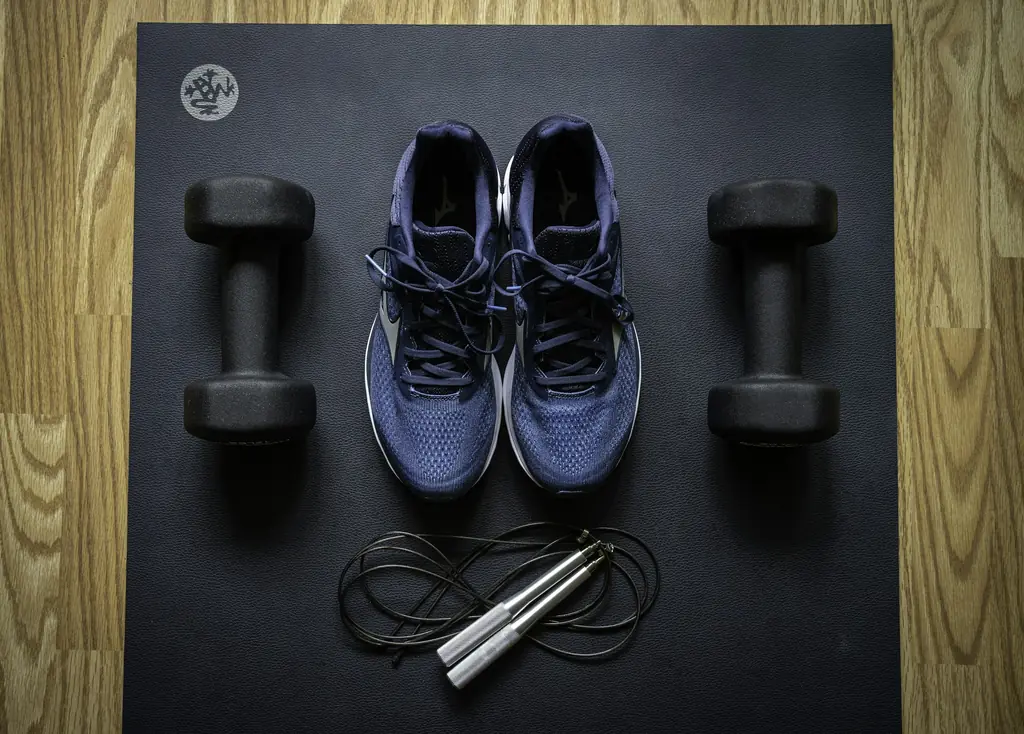 Dumbbells, running shoes and a skipping rope on an exercise mat