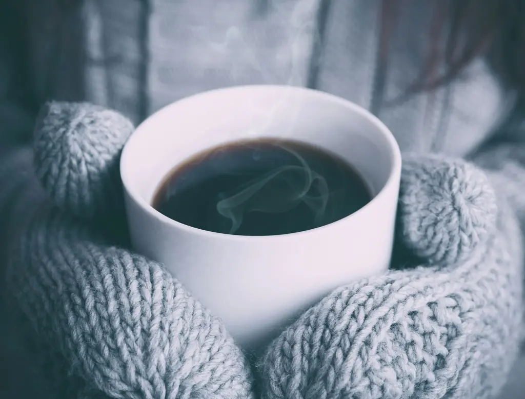 Hands in knitted mittens holding a cup of coffee