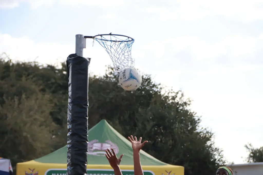 A netball goal ring and post against the sky