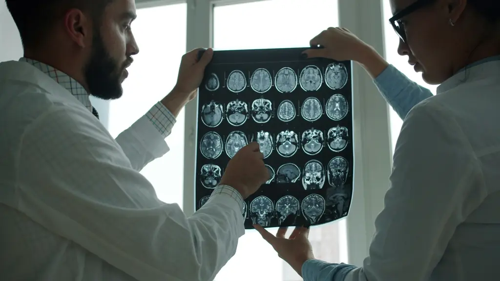 Two clinicians reviewing brain scan films against a window