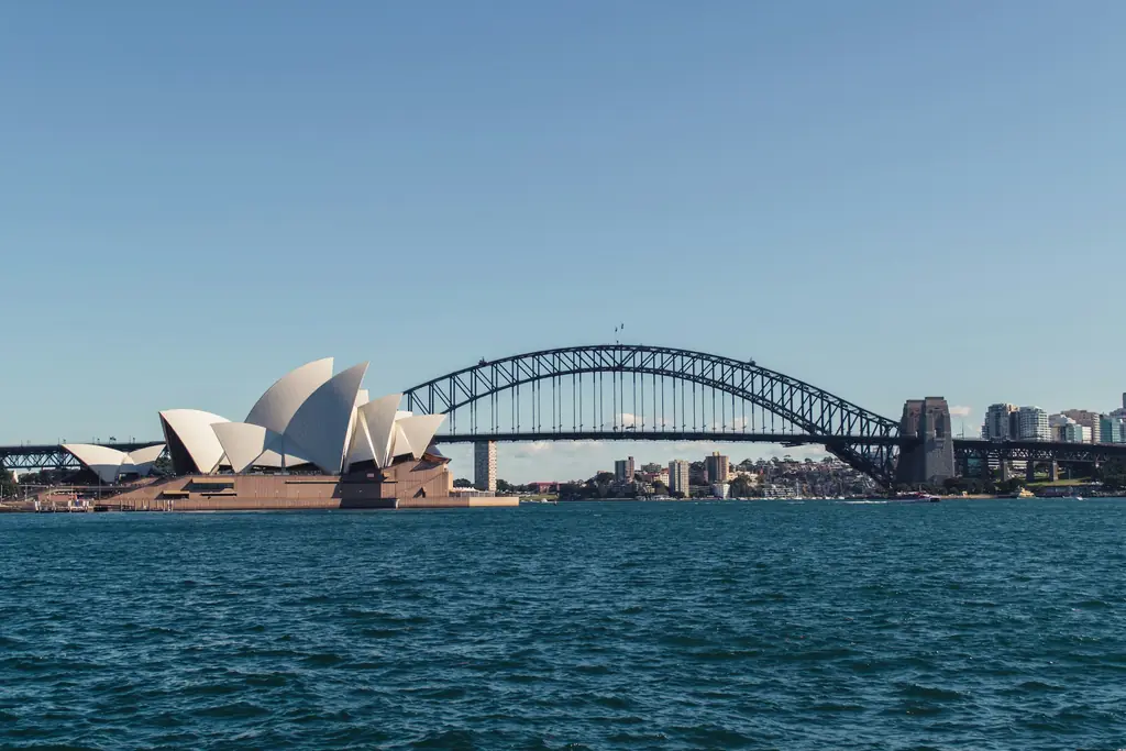 The Sydney Opera House and Harbour Bridge seen from the water