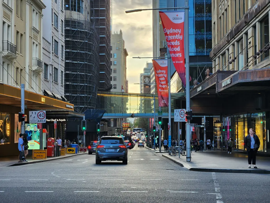 Traffic and a pedestrian crossing on a Sydney city street